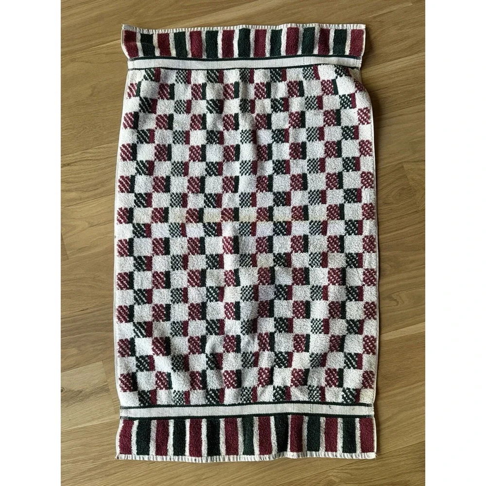 VTG Cotton Bath Towel Burgundy Green White Checked Plaid Border Stripe 42x25